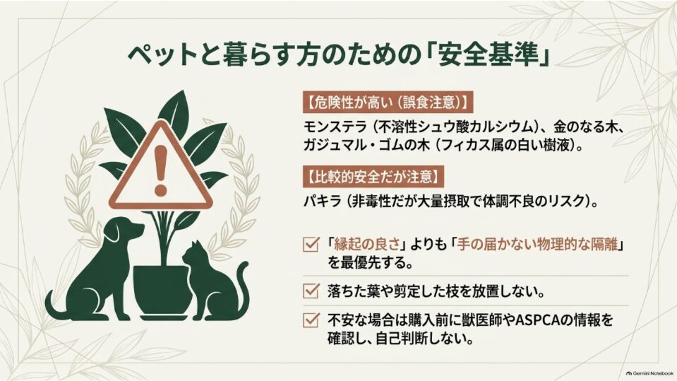 犬や猫がいる家庭で注意したいモンステラ、金のなる木、ガジュマル、ゴムの木とパキラの安全性
