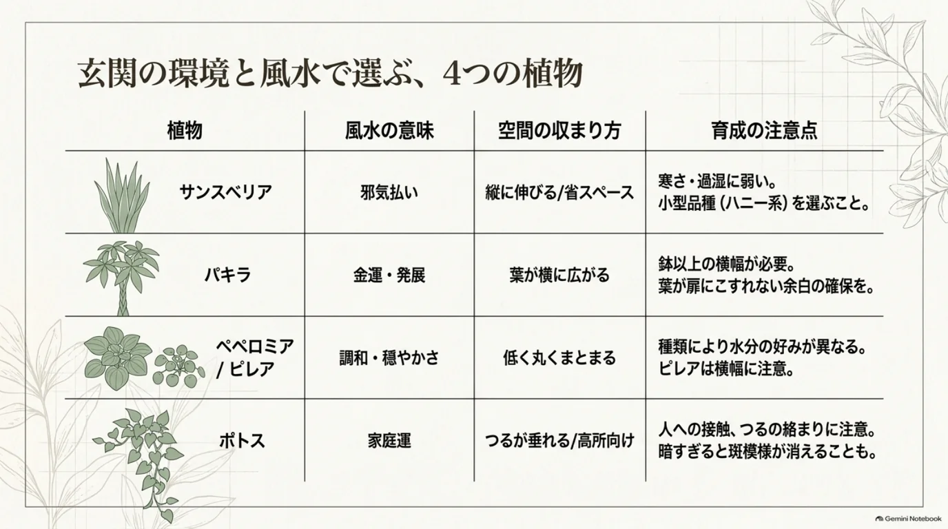 サンスベリア、パキラ、ペペロミアとピレア、ポトスの風水上の意味、葉の広がり、育成上の注意点を比較した表