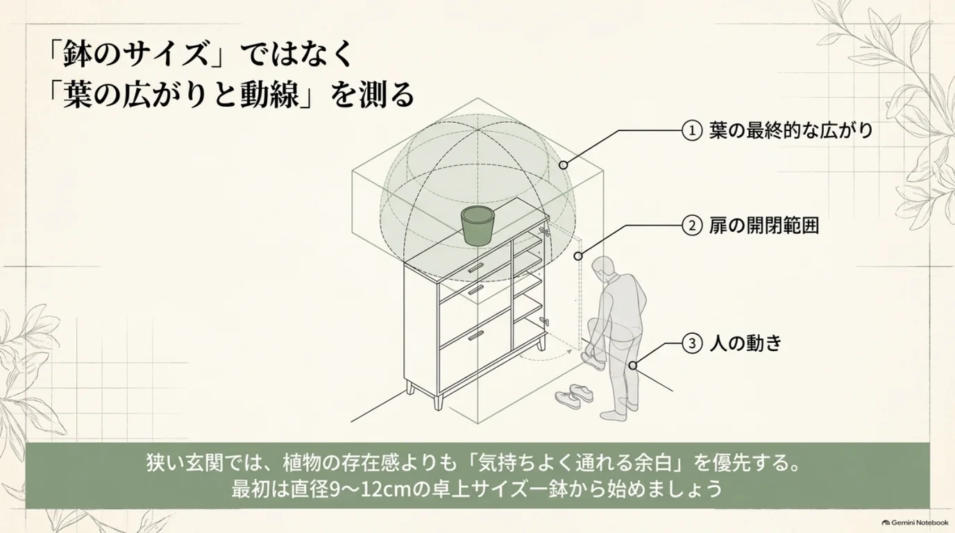 靴箱の上に植物を置く際の、葉の広がり、扉の開閉範囲、靴を履く人の動きを示した配置図