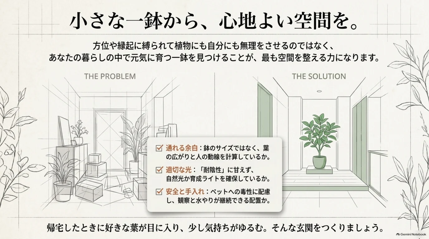 物や鉢が多い玄関と一鉢に整理した玄関を比較し、通れる余白、適切な光、安全と手入れの確認点を示した図