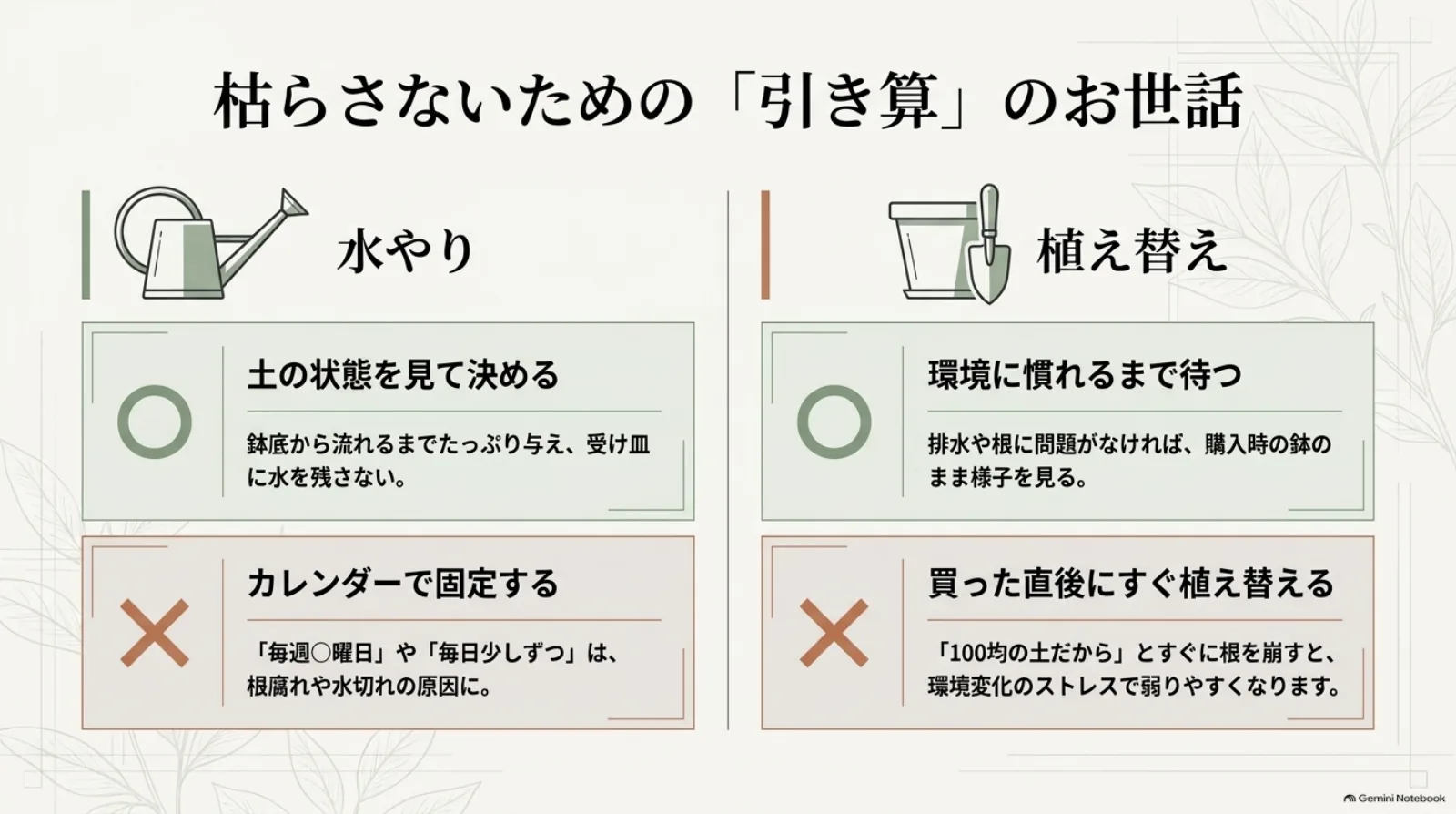 水やりは土の状態で判断し、購入直後の植え替えは株と排水に問題がなければ急がないという、お世話の比較図