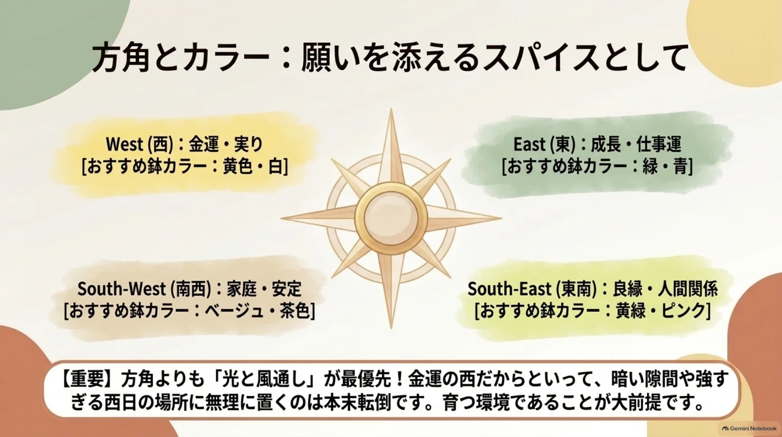 東、西、東南、南西の風水イメージと、おすすめの緑、青、白、黄色、ピンクなどの鉢色を示した図
