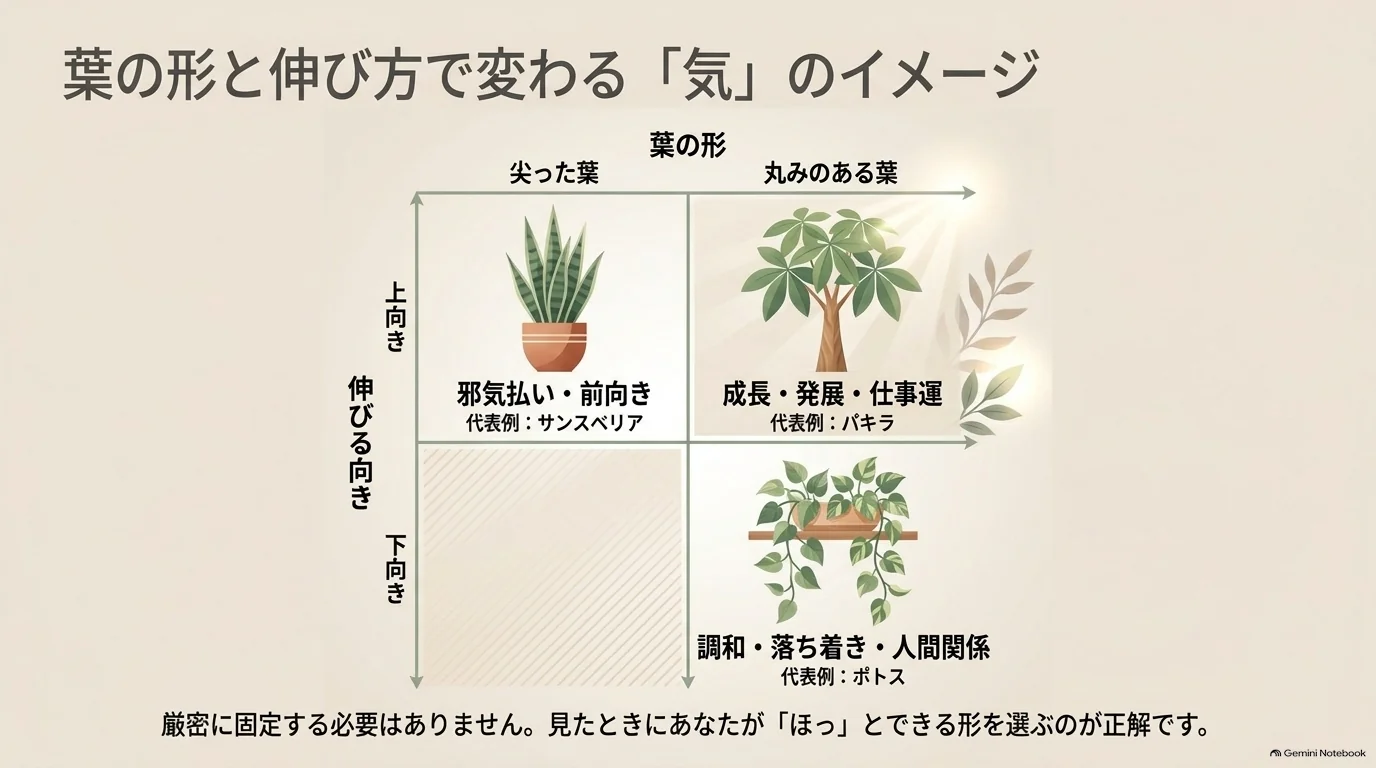 葉の形と伸びる向きによる風水のイメージ。サンスベリアは邪気払い、パキラは成長や仕事運、ポトスは調和や落ち着きの例として示されている。