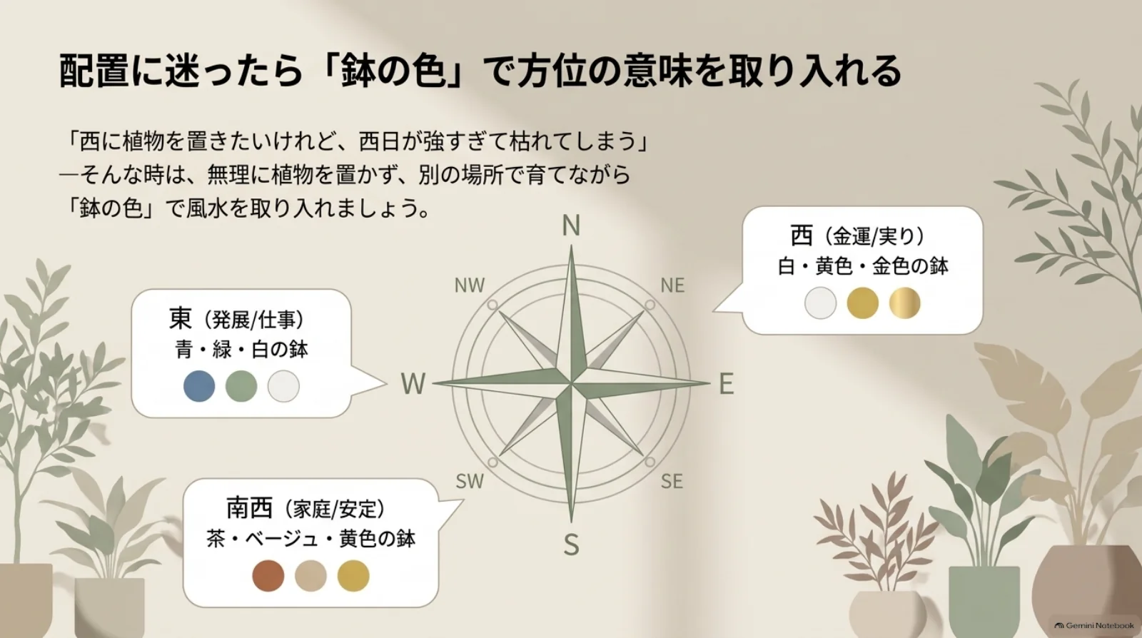 風水の方位と鉢色の例として、東は青・緑・白、西は白・黄色・金色、南西は茶・ベージュ・黄色を示した図