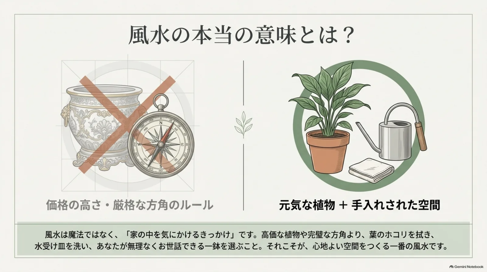 高価な鉢や厳格な方角ルールより、元気な植物と手入れされた空間を大切にする考え方を示す比較図