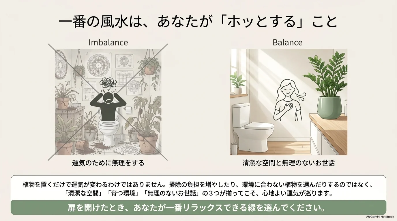 植物を詰め込んで負担を感じるトイレと、小さな緑を飾った清潔で落ち着くトイレの比較。清潔な空間、育つ環境、無理のないお世話を勧めている。