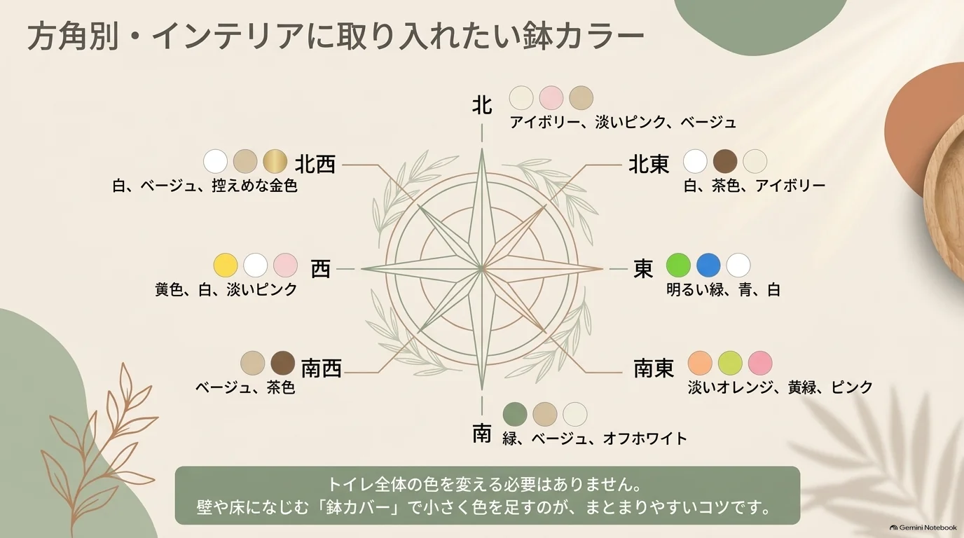 北はアイボリーや淡いピンク、東は緑や青、西は黄色や白など、八方位別の鉢の色を示した図。鉢カバーで小さく色を足す方法を紹介。