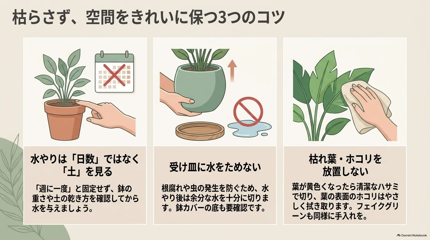 土の状態を見て水やりする、受け皿に水をためない、枯れ葉やほこりを放置しないという三つの手入れを示したイラスト。