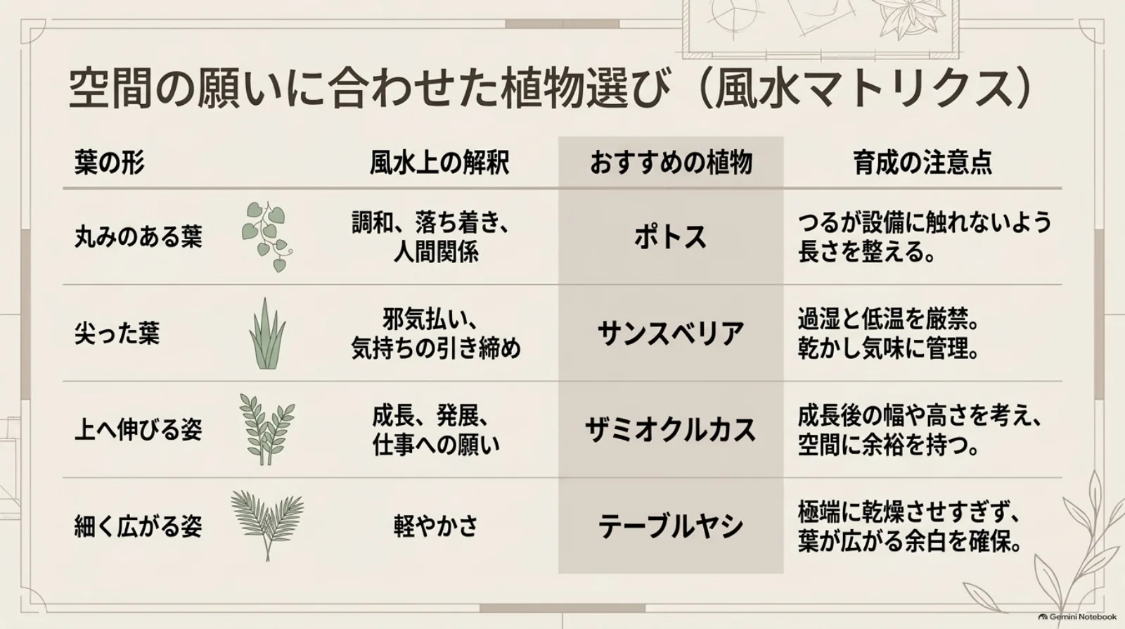 ポトス、サンスベリア、ザミオクルカス、テーブルヤシについて、葉の形や姿に結び付けられる風水の解釈と育成上の注意点をまとめた表。
