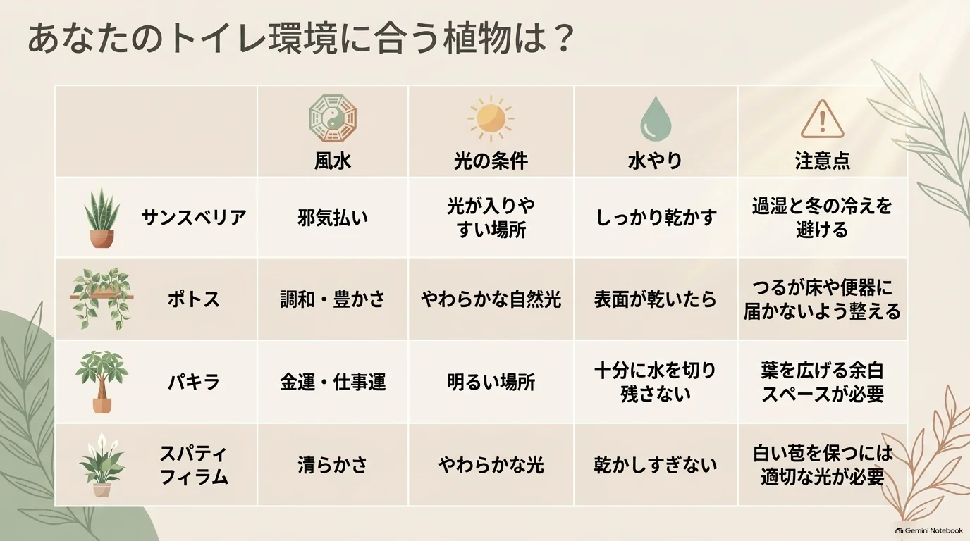サンスベリア、ポトス、パキラ、スパティフィラムの比較表。風水上の意味、必要な光、水やり、過湿や葉の広がりなどの注意点をまとめている。