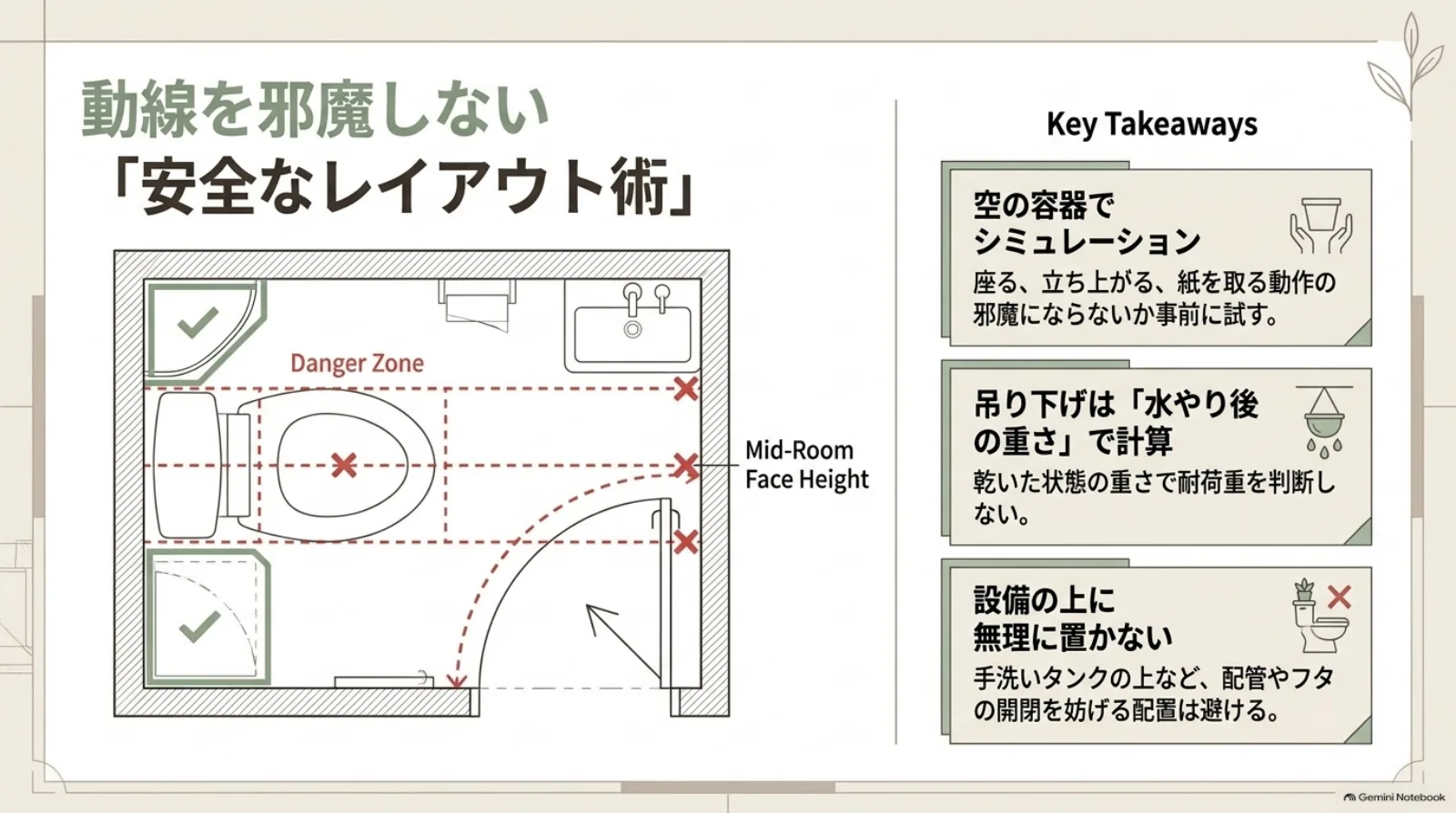 トイレの平面図で扉や人の動線に干渉する位置を示し、空の容器での配置確認、水やり後の重さ、設備を妨げない置き方を紹介。