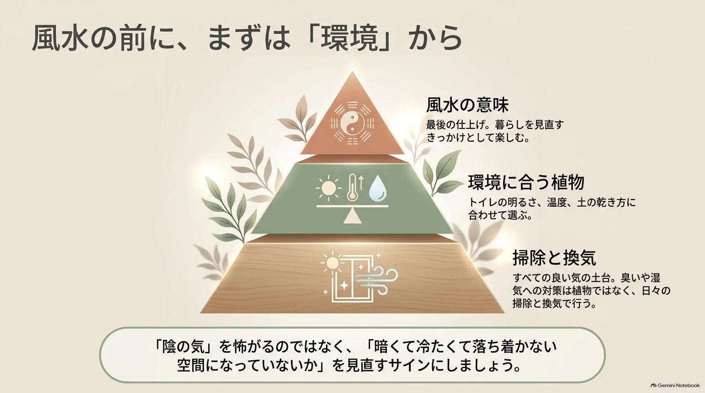 掃除と換気を土台に、環境に合う植物、風水の意味の順で考える三段の図。臭いや湿気の対策は掃除と換気で行う。