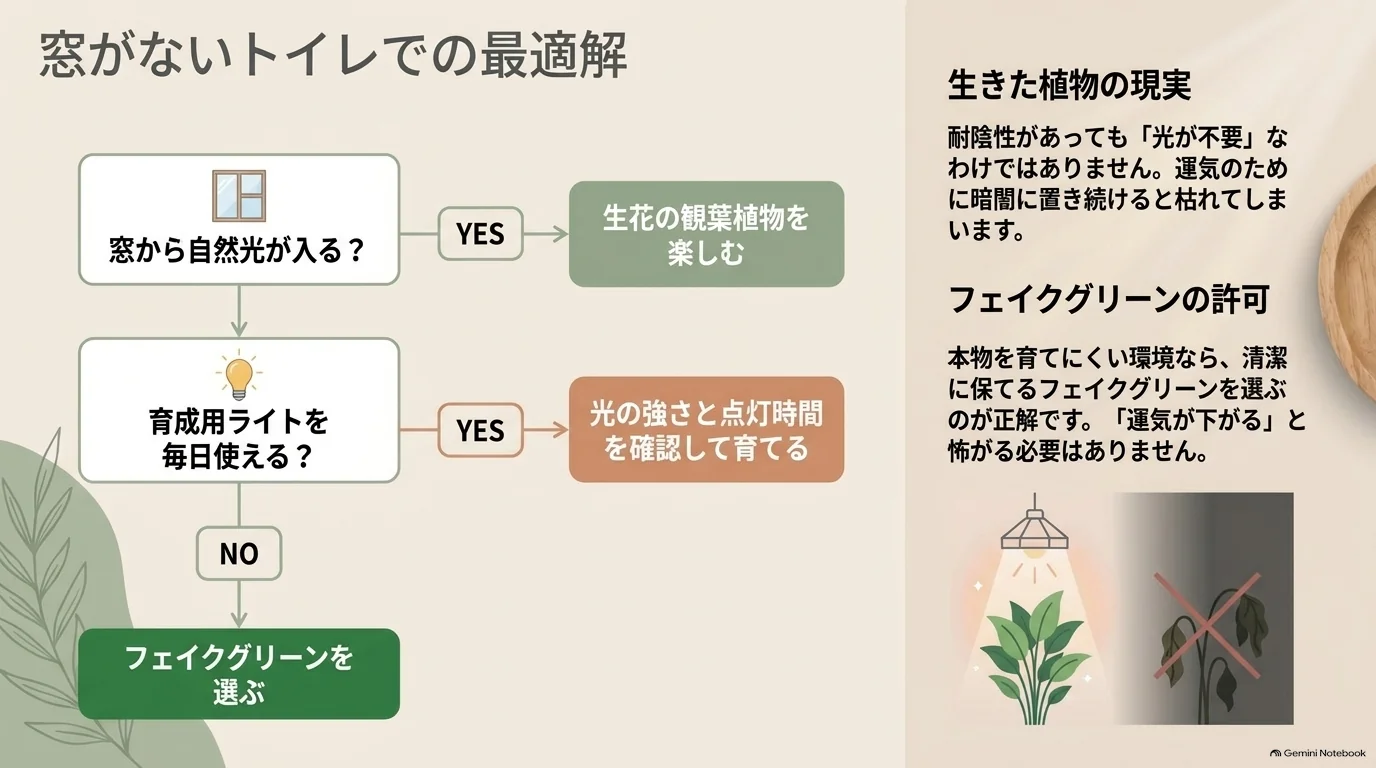 自然光が入るか、育成用ライトを毎日使えるかで選ぶフロー図。光を確保できれば生きた植物、難しければフェイクグリーンを選ぶ。