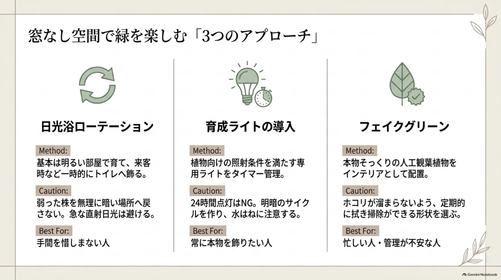 明るい部屋で育てて一時的に飾る方法、育成ライトを使う方法、フェイクグリーンを飾る方法の特徴と注意点を比較。