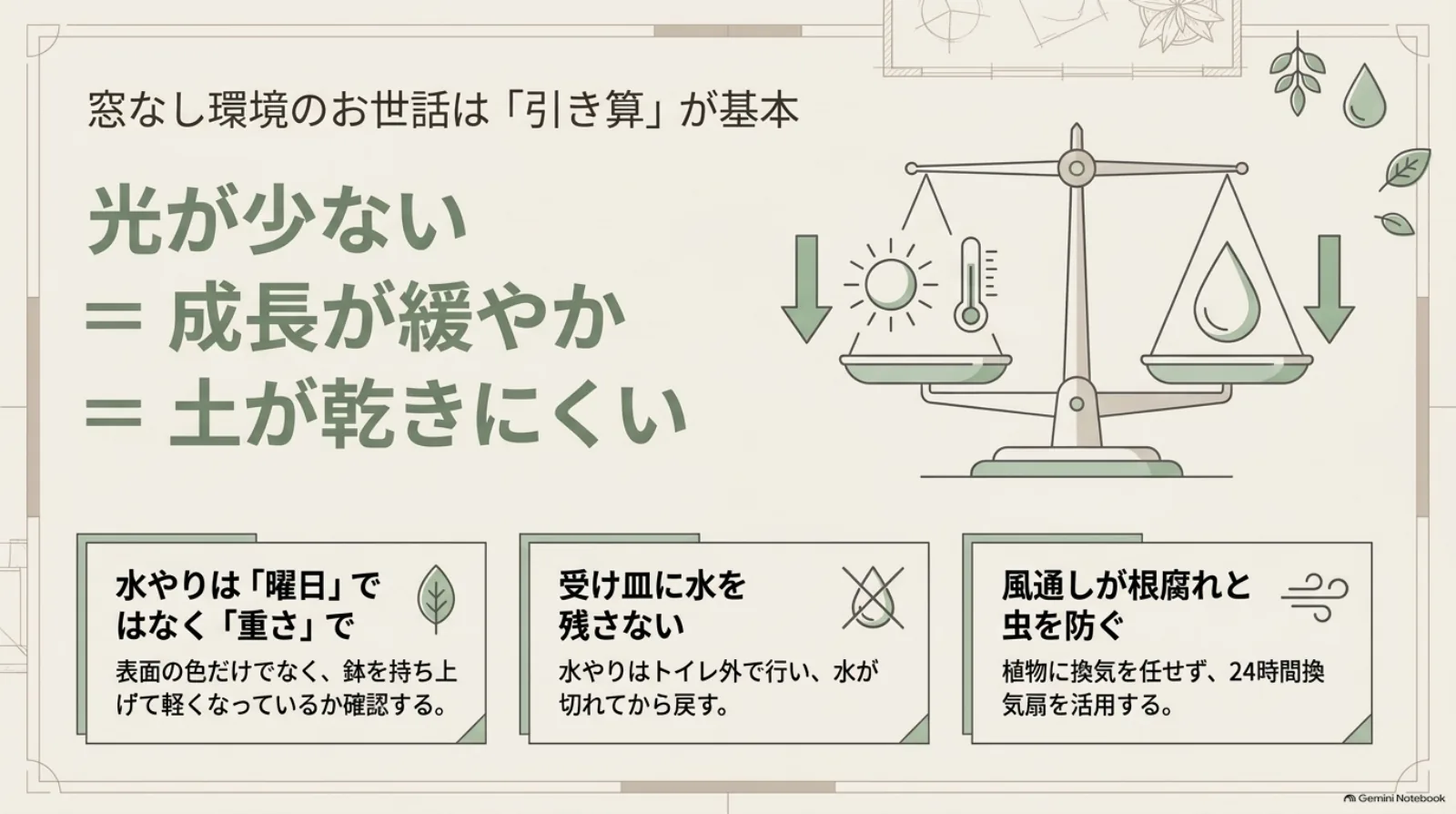 光が少ないと成長が緩やかになり、土が乾きにくくなる関係を示した図。鉢の重さの確認、受け皿の排水、換気のポイントを紹介。