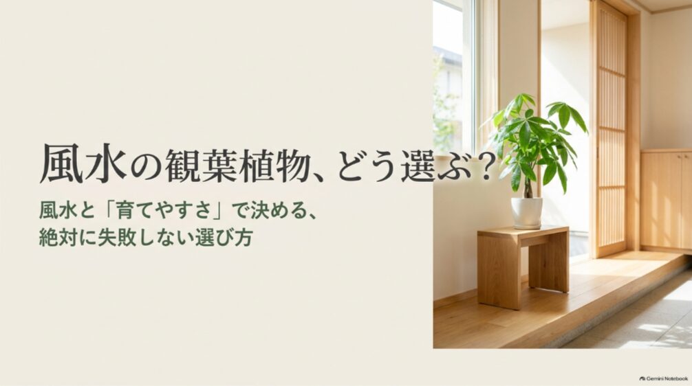 玄関に置く観葉植物を風水と育てやすさの両面から選ぶ方法を紹介する表紙