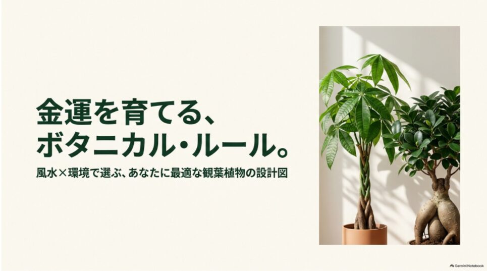 パキラとガジュマルを背景に金運を願う観葉植物の選び方を紹介する表紙
