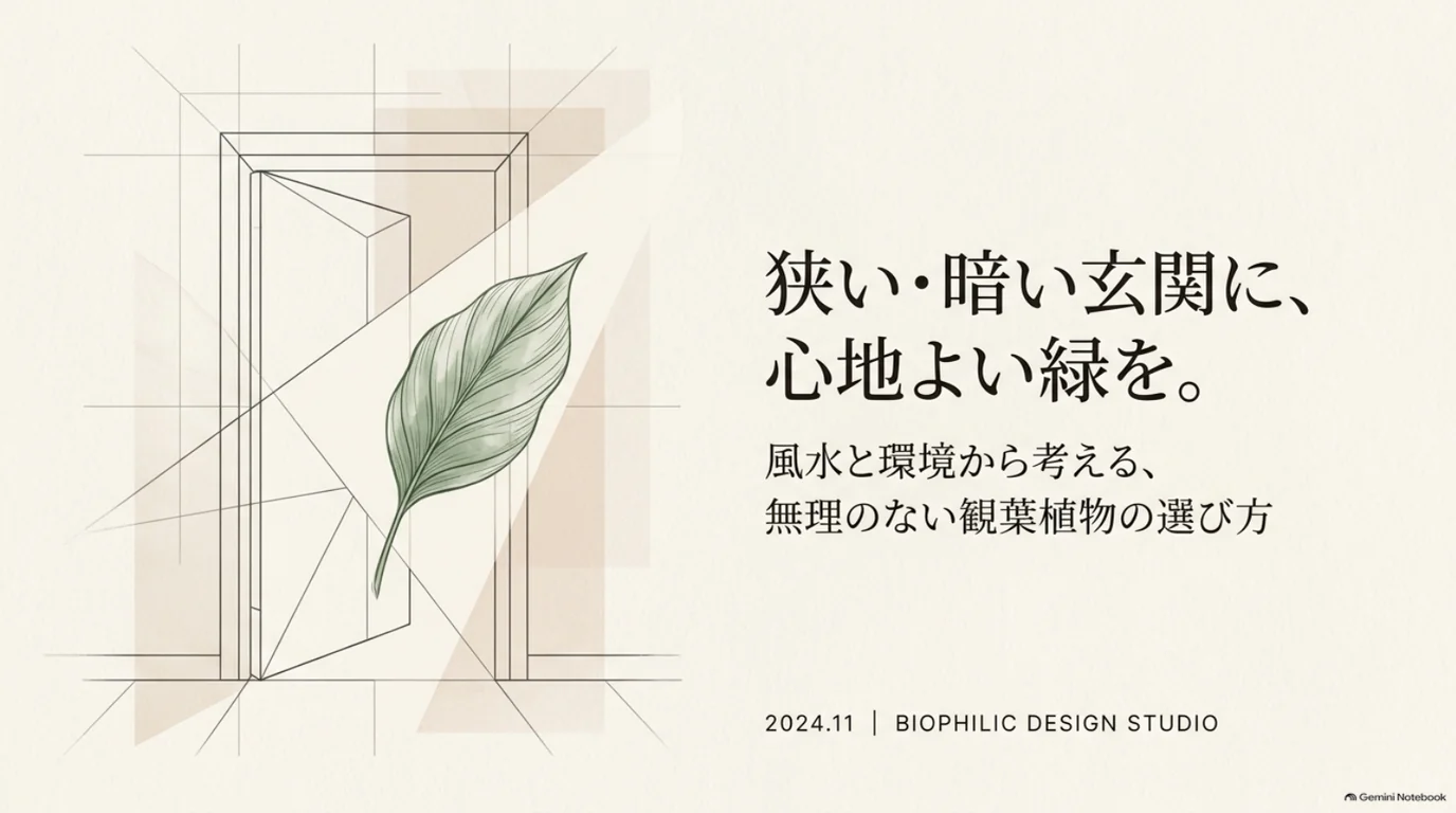 玄関の扉と葉のイラストに、風水と生育環境から考える観葉植物の選び方を示した表紙