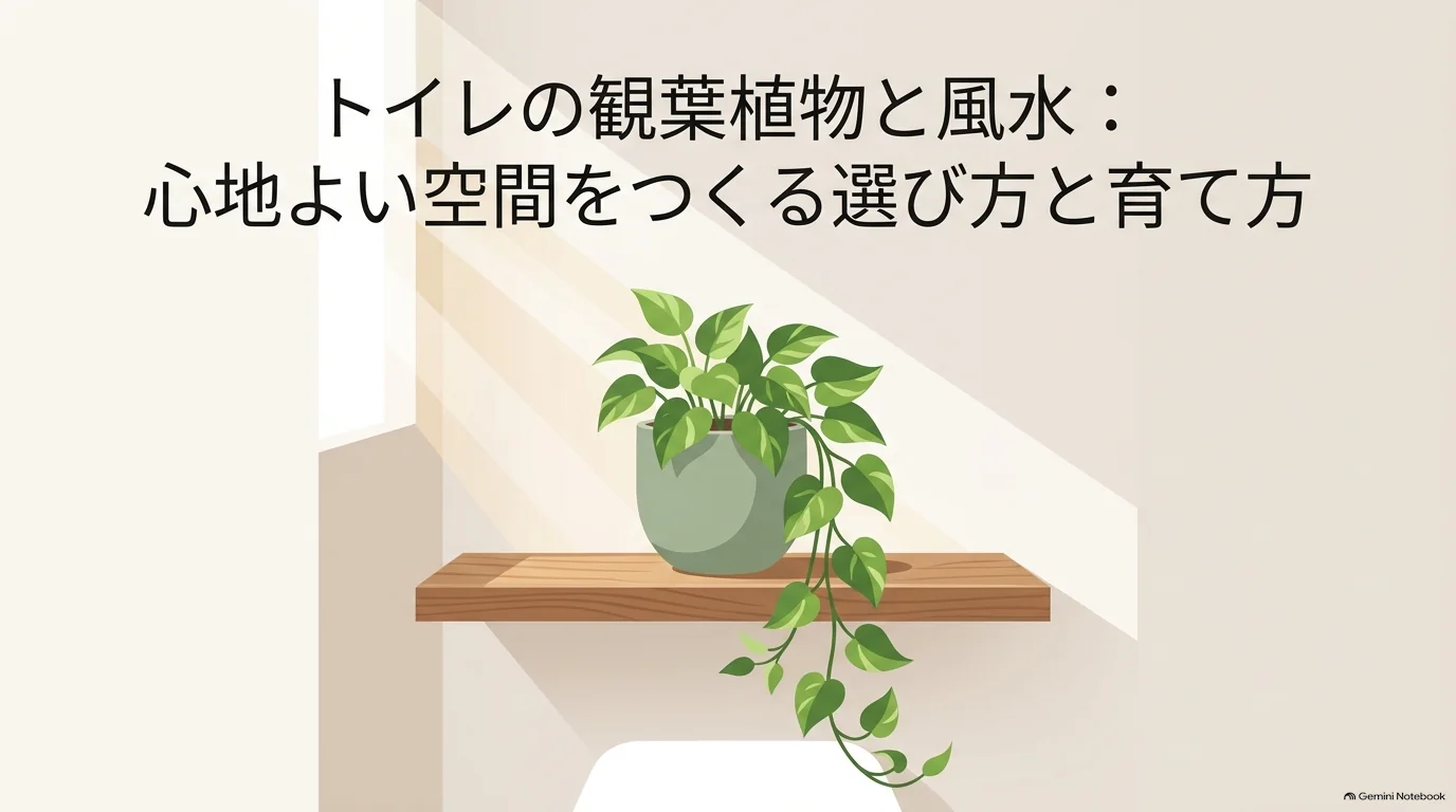 自然光の入るトイレの木製棚に、つるが垂れる観葉植物を飾ったイラスト。